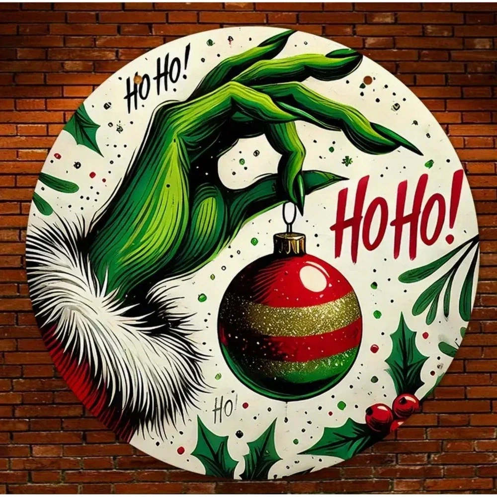 New Grinch Green Christmas Decoration Sign Tin Metal Signs Round 8x8 Ho Ho
